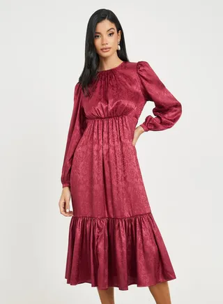 Jacquard Print Gathered Detail A-Line Midi Dress 