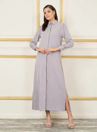 Solid Concealed Placket Shirt Maxi Dress 