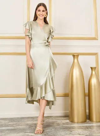 Ruffle Detail Asymmetric Hem Wrap Midi Dress