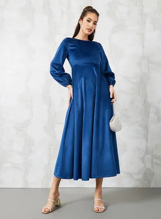 Cuffed Volume Sleeve Solid A-Line Midi Dress 