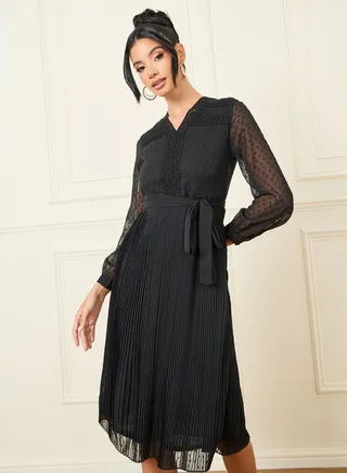 Dobby Sheer Sleeves Pleated A-Line Knee Length Dress 
