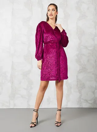 Jacquard Velvet Look Wrap Mini Dress 