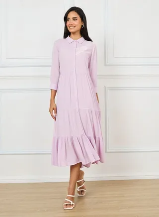 Embroidery Detail Crepe Tiered Midi Dress 