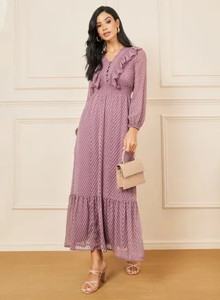 Dobby Zigzag Textured Ruffle Detail A-Line Maxi Dress 