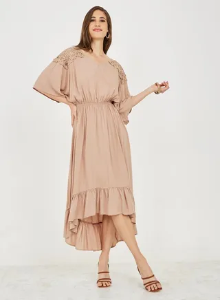 Lace Shoulder Detail Asymmetric Hem Midi Dress 