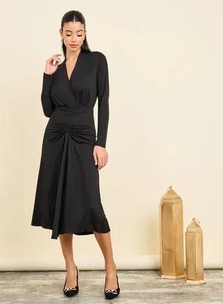 Ruched Detail A-Line Midi Dress 