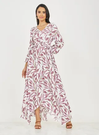 Leaf AOP Front Twist Detail A-Line Midi Dress 