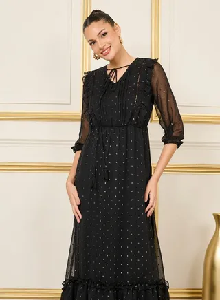 Lace Ladder Ruffle Detail Dobby A-Line Maxi Dress 