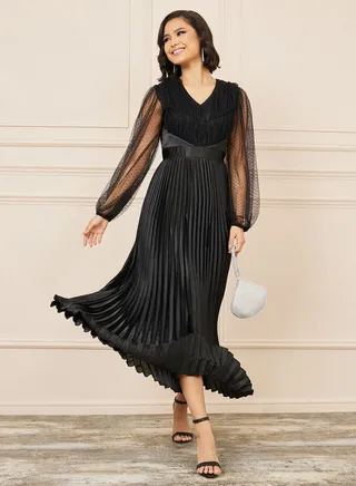 Dobby Mesh Sleeves Satin Pleated A-Line Maxi Dress 