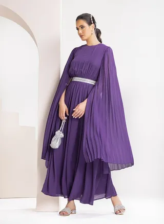 Pleated Embellished Waist A-Line Maxi Dress