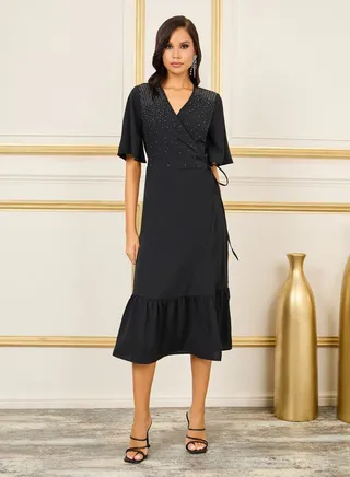 Embellished Ruffle Hem A-Line Wrap Midi Dress 