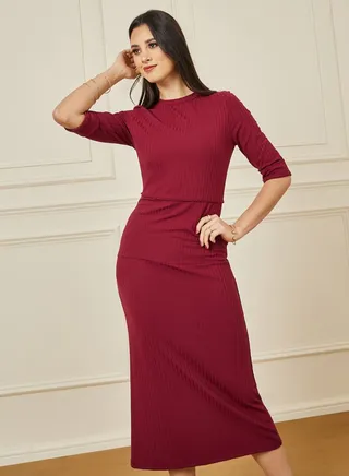 Ribbed Roll Up Sleeves Shift Midi Dress 
