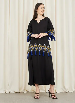 Embroidered Tassel Detail A-Line Maxi Dress 