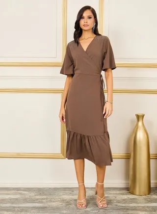 Embellished Ruffle Hem A-Line Wrap Midi Dress 