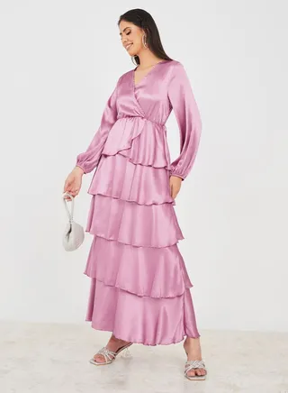 Volume Sleeve Wrap Front Layered Maxi Dress 