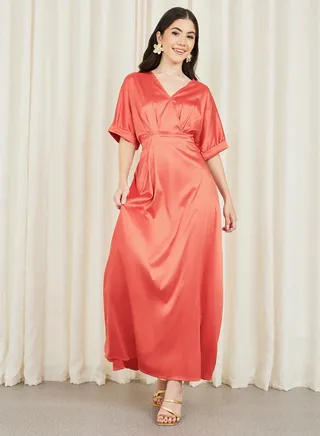 Satin Roll Up Sleeves A-line Maxi Dress 