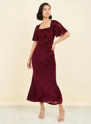Velvet Jacquard Print Mermaid Midi Dress 