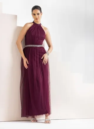 Embellished Mesh Insert Halter Neck Maxi Dress 