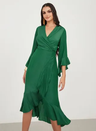 Frill Edge Wrap Midi Dress 