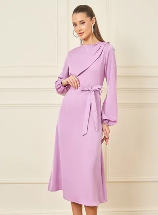 Fold Pleat Detail Self Tie Up A-Line Midi Dress 