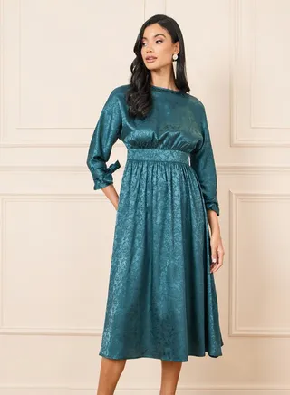 Jacquard Print Tie Up Sleeves A-Line Midi Dress 
