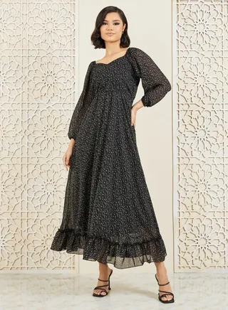Spot AOP Sweetheart Neck Ruffle Hem A-line Maxi Dress 