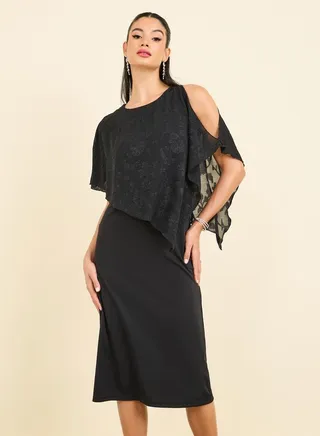Burnout Texture Cape Sleeves Shift Midi Dress 