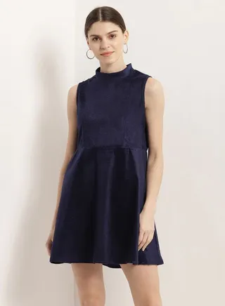 Sleeveless Synthetic Skater Dress Navy Blue 