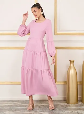 Solid Long Sleeves Tiered Maxi Dress 
