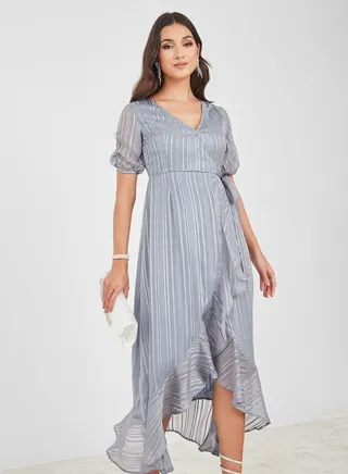 Lurex Stripe Frill Edge Wrap Midi Dress 