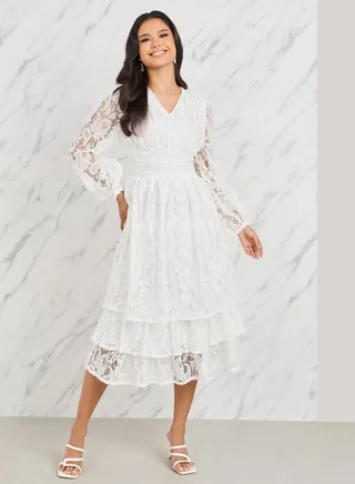 Lace Detail Bishop Sleeve Tiered Midi Dress 
