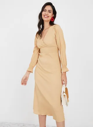 Frill Cuff Sleeve Textured A-Line Midi Dress 