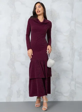 Cowl Neck Lurex Bodycon Maxi Dress