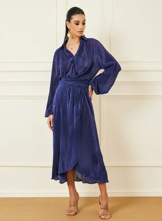 Plisse Button Closure Collared A-Line Midi Dress