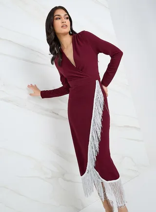 Fringe Edge Wrap Front Bodycon Midi Dress 