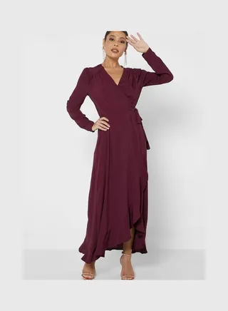 Long Sleeve Wrap Frill Maxi Dress Burgundy 