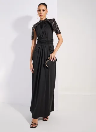 Embellished Cape Empire Waist Maxi Dress 