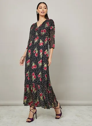 Long Sleeves Floral Print A-Line Maxi Dress 