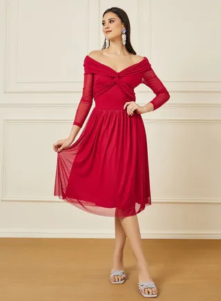 Off Shoulder Neck Twist Detail Mesh Dress 