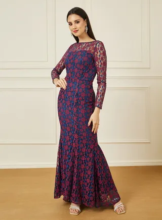 Embroidered Floral Lace Insert Maxi Dress