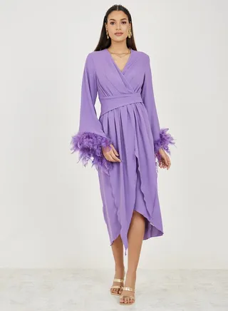 Faux Feather Trim Sleeves Wrap Style Midi Dress