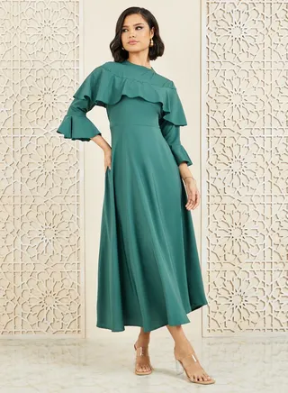 Solid Ruffle Layered A-Line Maxi Dress 