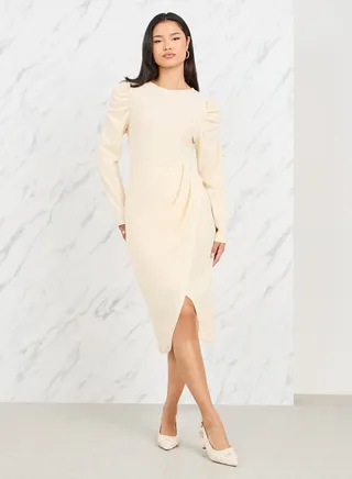 Puff Sleeves Pleated Wrap Style Midi Dress 