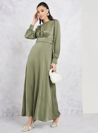 Satin Gathered High Neck Long Sleeve A-line Maxi Dress