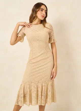 All Over Lace Round Neck A-line Midi Dress 