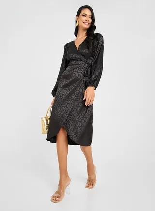 Animal Jacquard Wrap Midi Dress 