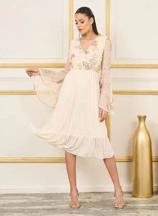 Sequin Detail Bell Sleeves A-Line Midi Dress 