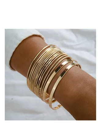 14Pcs Gold Boho Indian Multi Bangle Bracelet Set, Classic Collection, Smooth Bracelets, Punk Chunky Stackable Textured Bracelets, for Women Teen Girls 