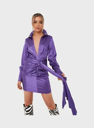Ruched Satin Drape Front Shirt Dress Purple 