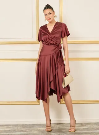 Satin Frill Asymmetric Hem Wrap Midi Dress 